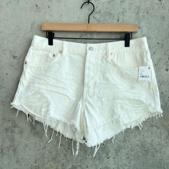 Free People Size 30 White Denim Shorts High Rise Button Fly Distressed Festival - Picture 2 of 9